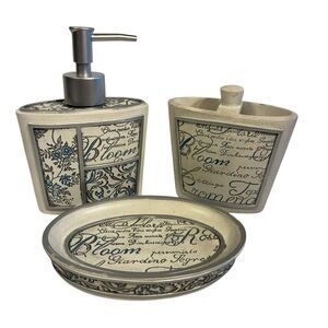 3 Piece Bathroom Set Blue, Cream, Gray. Floral & Print. Toothbrush, Soap, Lotion